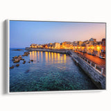 Vintage poster art of Sicilian landscape on extra large framed canvas, featuring colorful artwork against a black background.