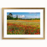 Abstract art print of Tuscany landscape in muted earth tones on a framed canvas, suitable for dining room decor.