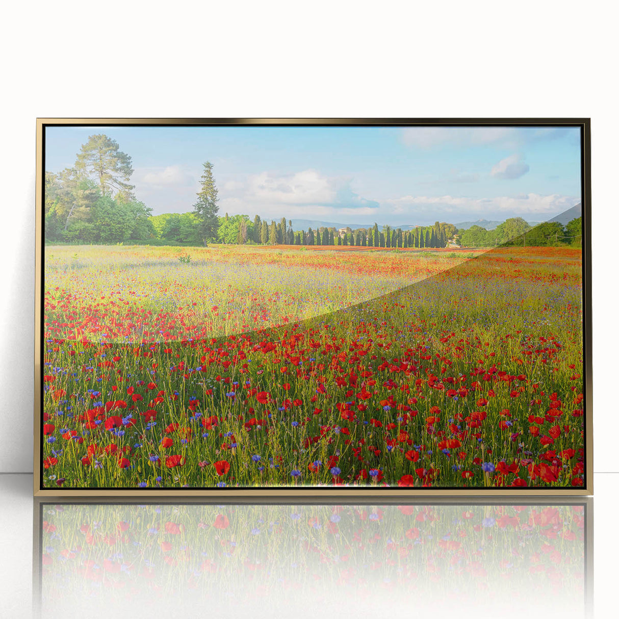Acrylic print of a Tuscan landscape in gold frame, featuring muted earth tones, ideal for modern art wall decor.