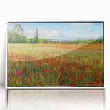 Mid-century modernist art depicting a serene Tuscan landscape, framed acrylic with muted earth tones.