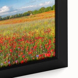 Extra large framed canvas of a textured Tuscan landscape with vibrant green and gold hues, ideal for living room decor.