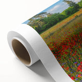 Art deco style poster of Tuscany landscape in muted earth tones on rolled canvas, ideal for nursery wall art.