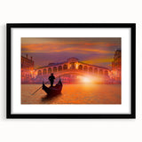 Colorful abstract art print of Venice scenery in vibrant hues on textured canvas, framed in black.