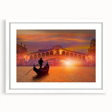 Textured art print of an abstract Venice scenery in muted earth tones on a white framed canvas, ideal for bedroom wall decor.