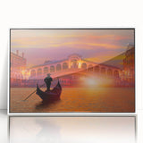 Mid-century modernist art depicting Venice scenery in pastel shades on a white framed acrylic.