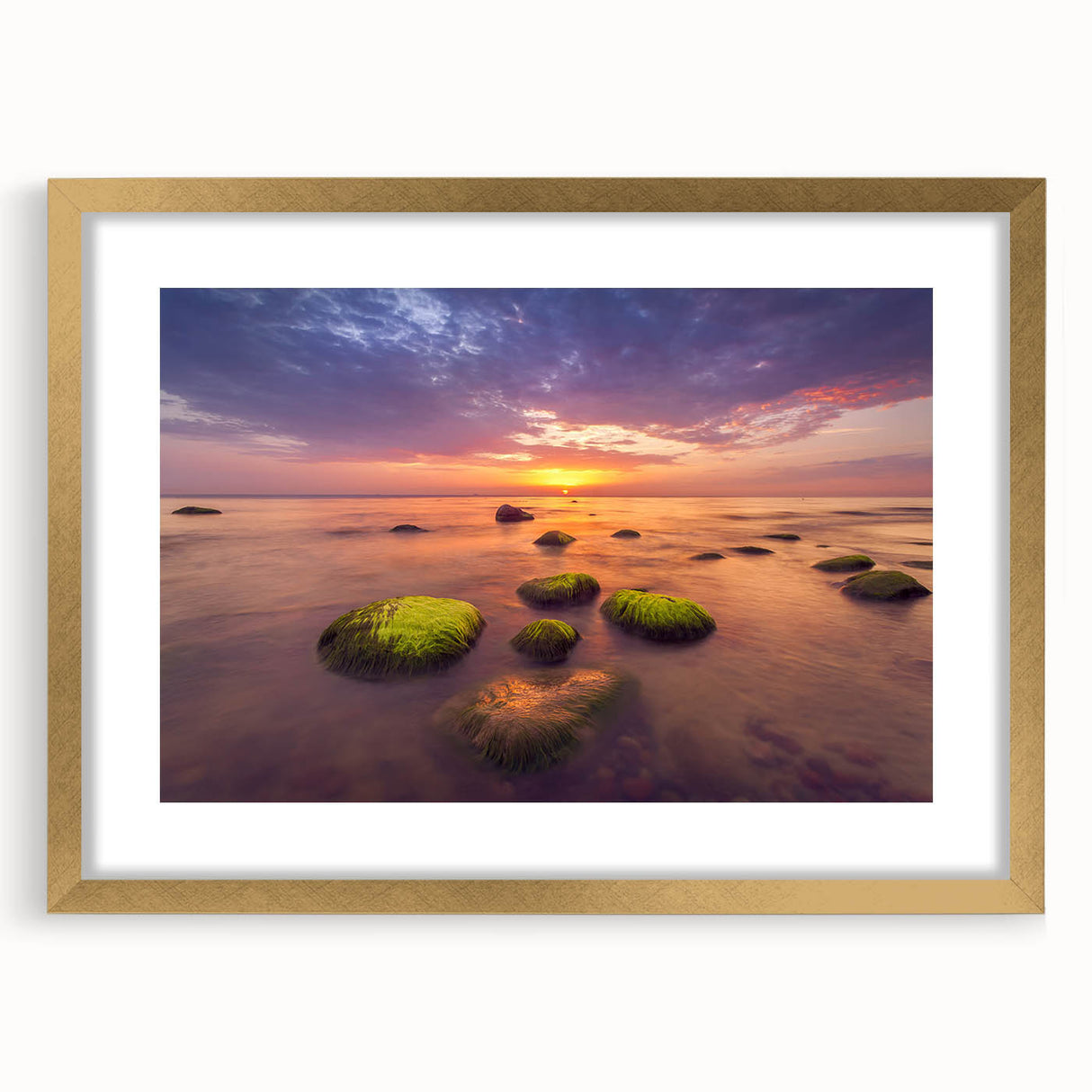 Abstract art print of a European Lithuanian landscape in muted earth tones, framed in gold, suitable for dining room decor.
