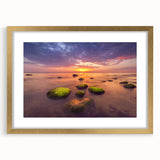 Abstract art print of a European Lithuanian landscape in muted earth tones, framed in gold, suitable for dining room decor.