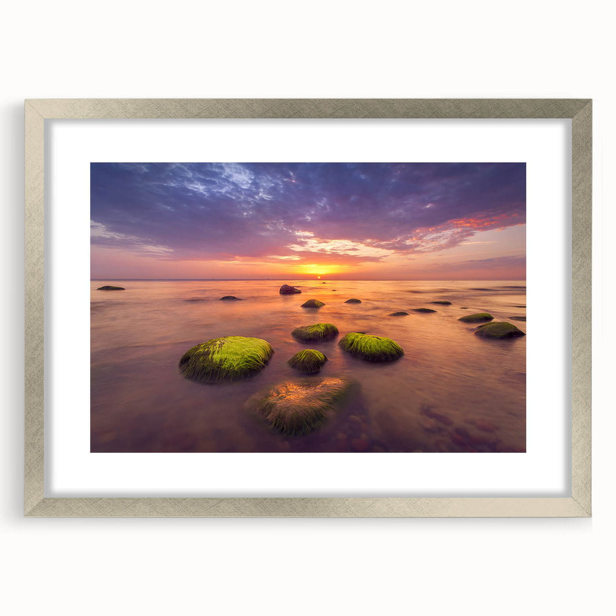 Abstract art print of a European scenery in muted earth tones on a framed canvas.