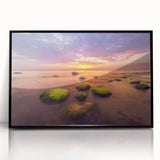 Large abstract wall art depicting a European Lithuanian landscape in muted earth tones, framed in black acrylic.