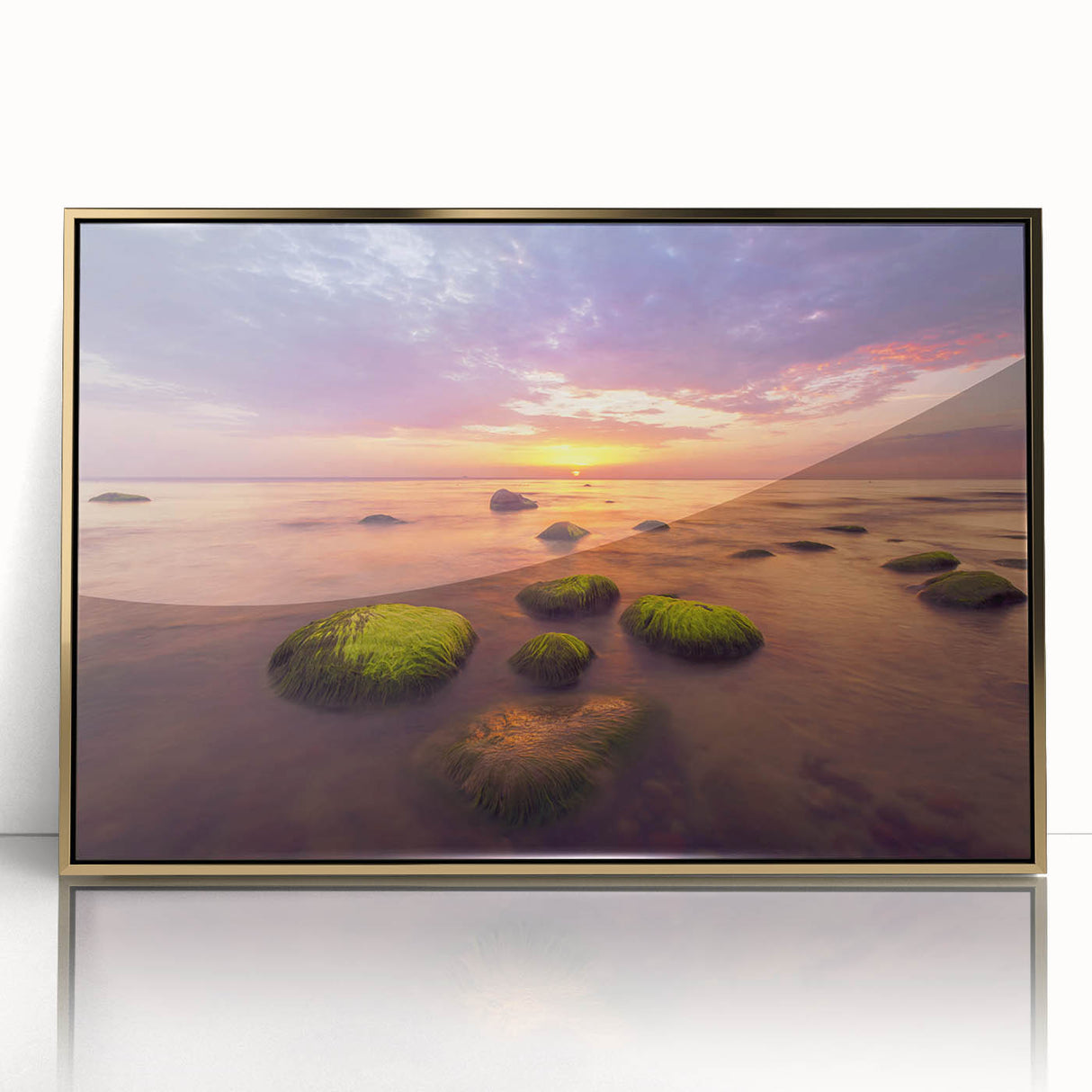 Art Deco poster of a European Lithuanian scenery in muted gold tones, framed in acrylic, ideal for modern art wall decor.