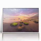 Mid-century modernist art depicting a serene Lithuanian landscape in soft pastel shades, framed acrylic.