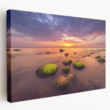 Large art depicting a European Lithuanian scenery in muted green and brown tones on a stretched canvas.