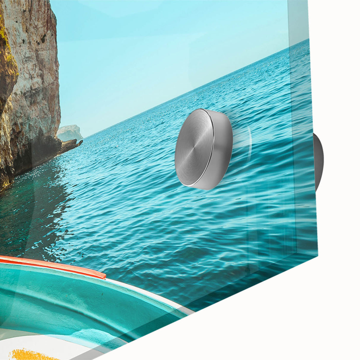 Large abstract wall art of a Malta scenery in muted earth tones on acrylic glass, ideal for dining room decor.
