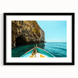 Extra large, colorful abstract art print depicting a textured Malta scenery in vibrant hues, framed in black.