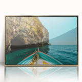 Art deco style poster of Malta scenery in muted gold and blue tones, acrylic print framed, ideal for modern art wall decor.