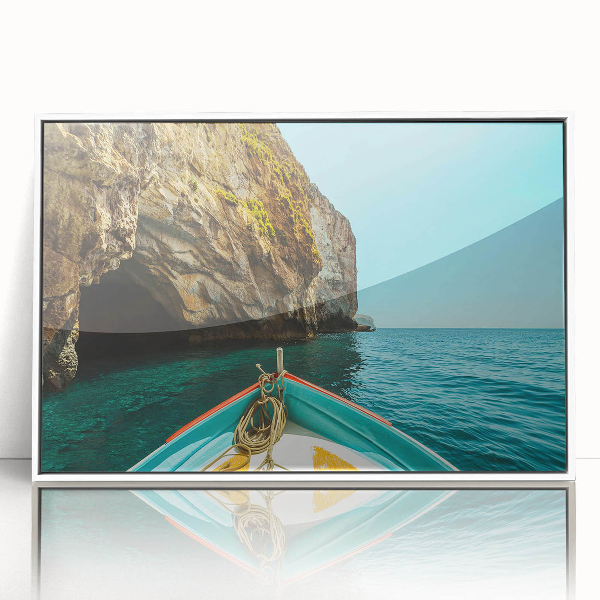Mid-century modernist art of Malta scenery in muted earth tones on a framed acrylic, ideal for nursery wall art.