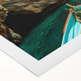 Art deco poster of a Malta scenic view in soft beige and blue tones on rolled canvas, suitable for dining room decor.