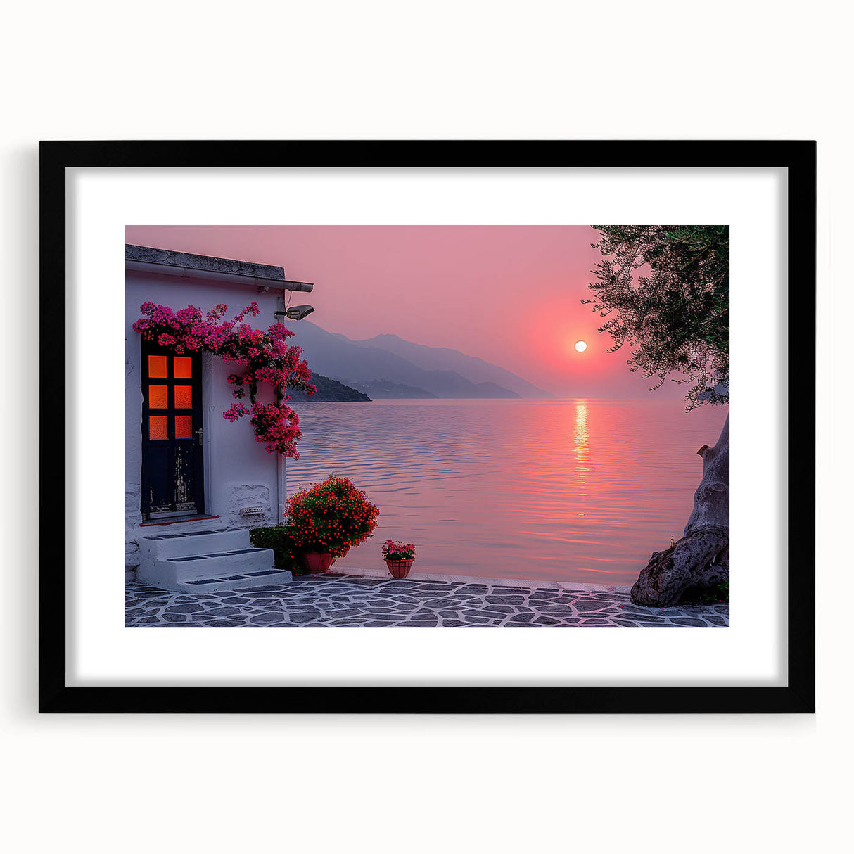 Extra large abstract art print of a colorful Mediterranean seascape, textured on a black framed canvas.