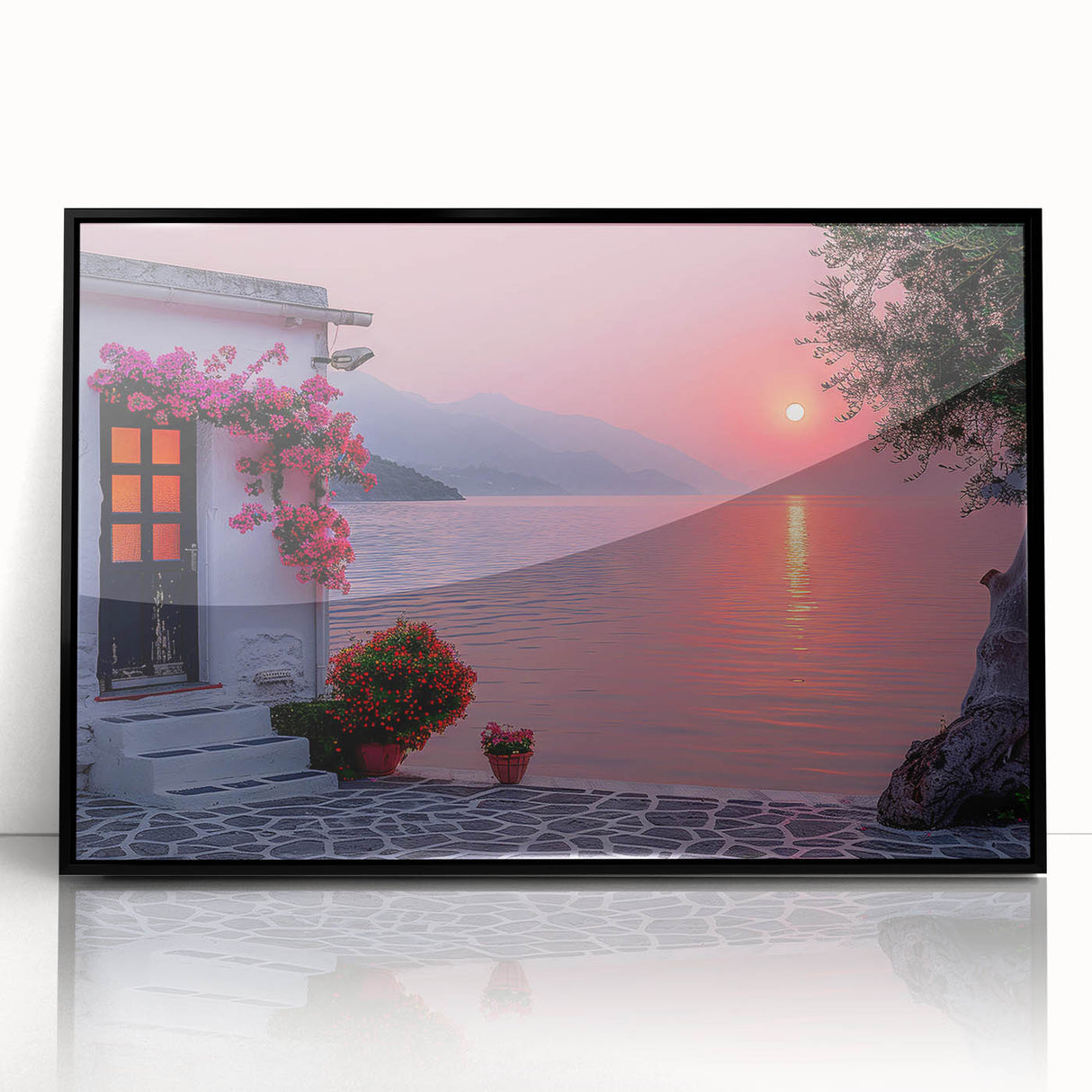 Large abstract wall art depicting the Mediterranean Sea in mid-century modernist style, framed in black acrylic.