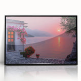 Large abstract wall art depicting the Mediterranean Sea in mid-century modernist style, framed in black acrylic.