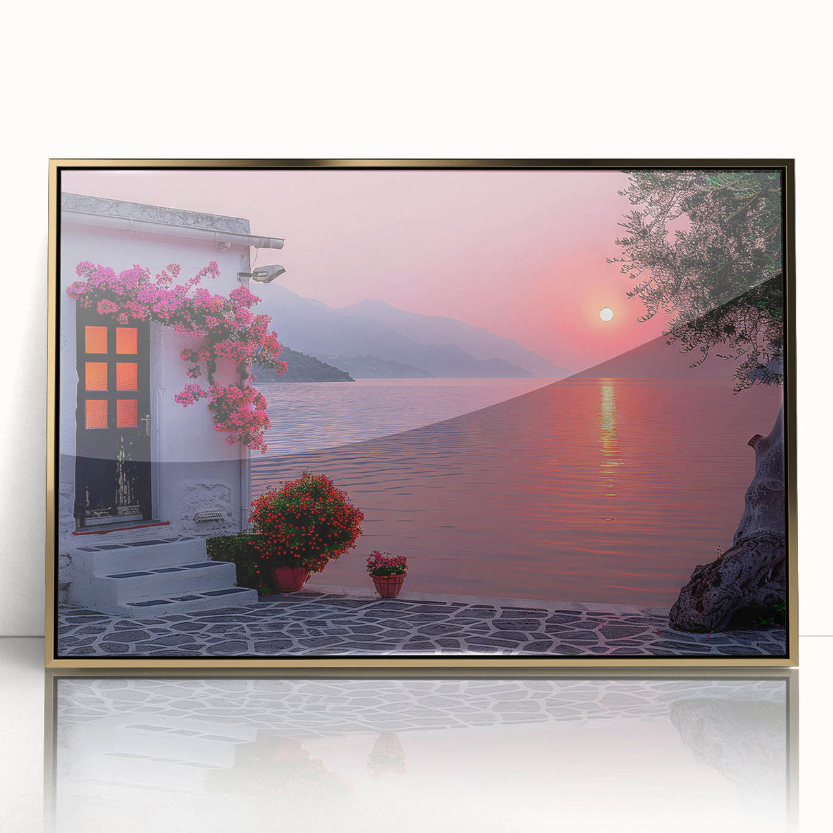 Art Deco style poster of the Mediterranean Sea, in muted blue and gold tones, framed in acrylic.