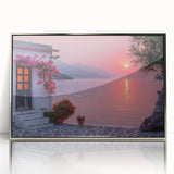 Framed acrylic print of a Mediterranean sea landscape in soft blue and white tones, ideal for modern art wall decor.