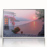 Mid-century modernist art depicting the Mediterranean Sea with vibrant blue tones, framed in white acrylic.