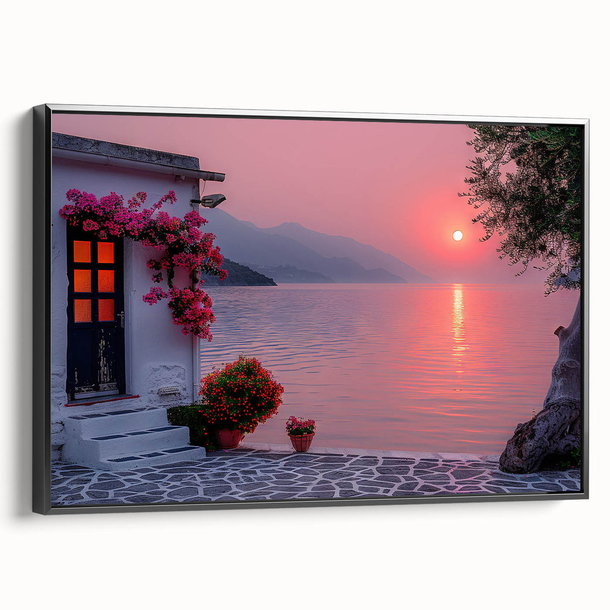 Black and white wall art of a vintage Mediterranean seascape on framed canvas, ideal for bedroom decor.