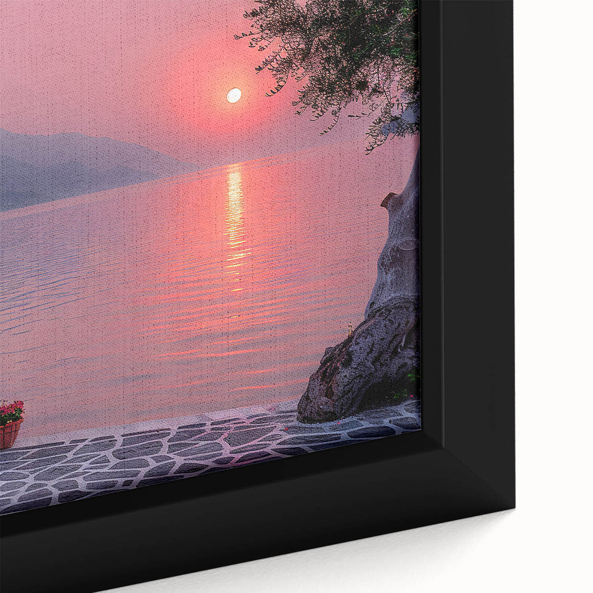Framed canvas featuring a textured depiction of the Mediterranean sea in vibrant blue and black, ideal for living room decor.