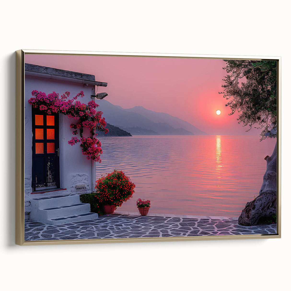 Framed canvas depicting a vintage-style Mediterranean landscape with muted gold and black tones.