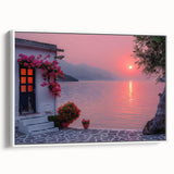 Vintage poster art of a Mediterranean Sea scenery on framed canvas, featuring vibrant blue and white tones.