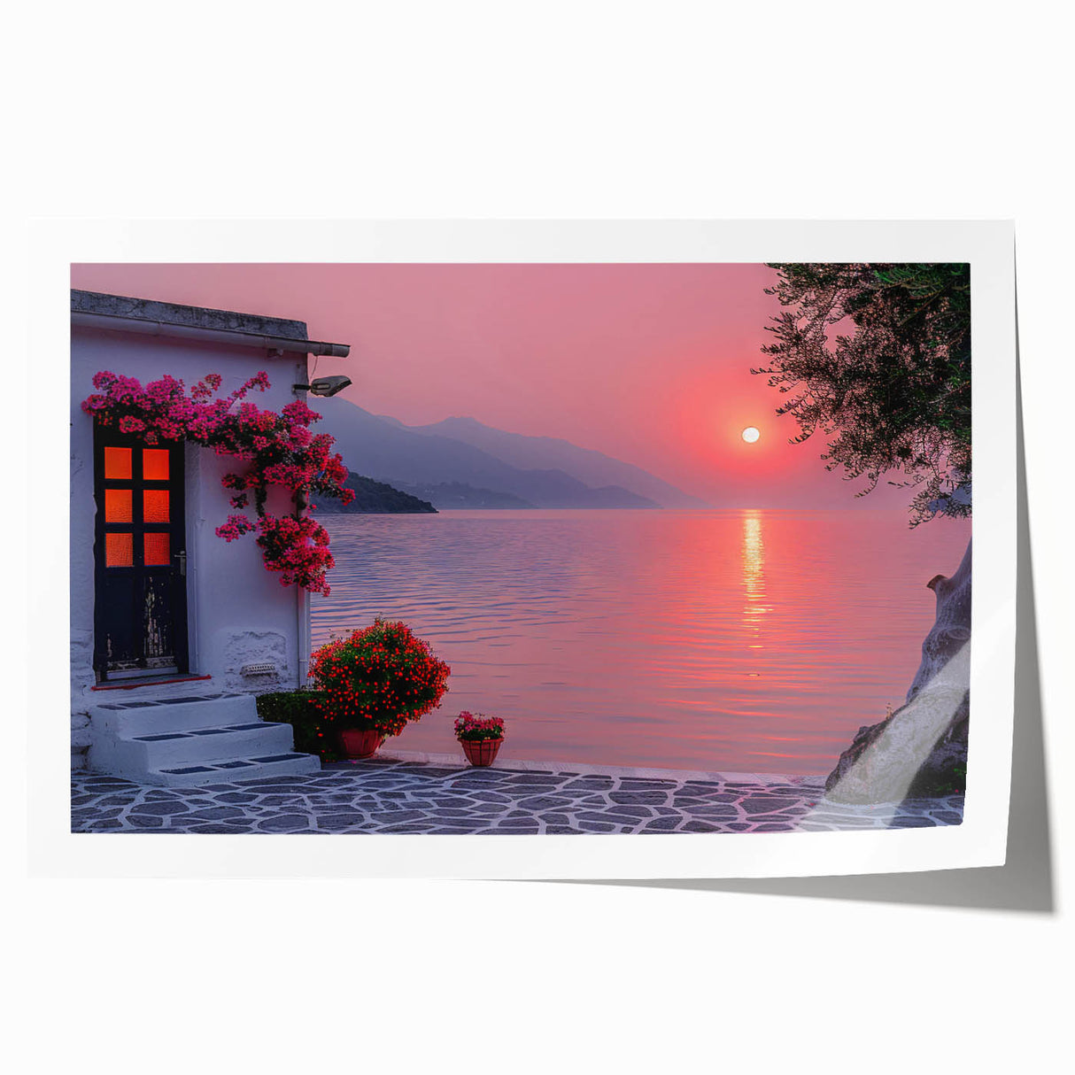 Rolled print of a Mediterranean seaside scenery with vibrant blue water and sky, ideal for art wall dining room.