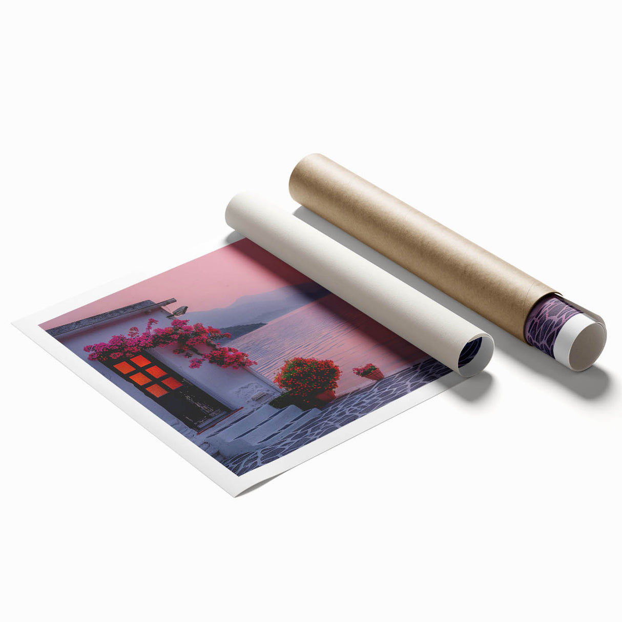 Extra large rolled print of a Mediterranean seascape with vibrant blue waters and floral foreground.