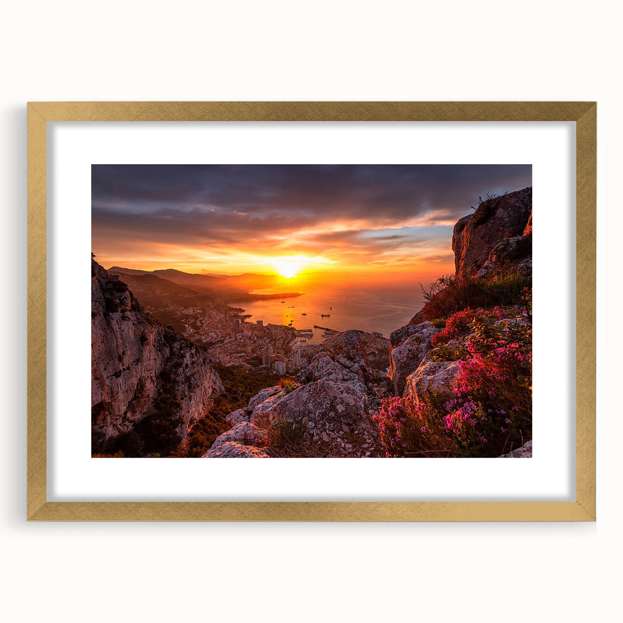 Abstract art print of a European Monaco scenery in muted gold tones, framed with a mat, ideal for dining room decor.