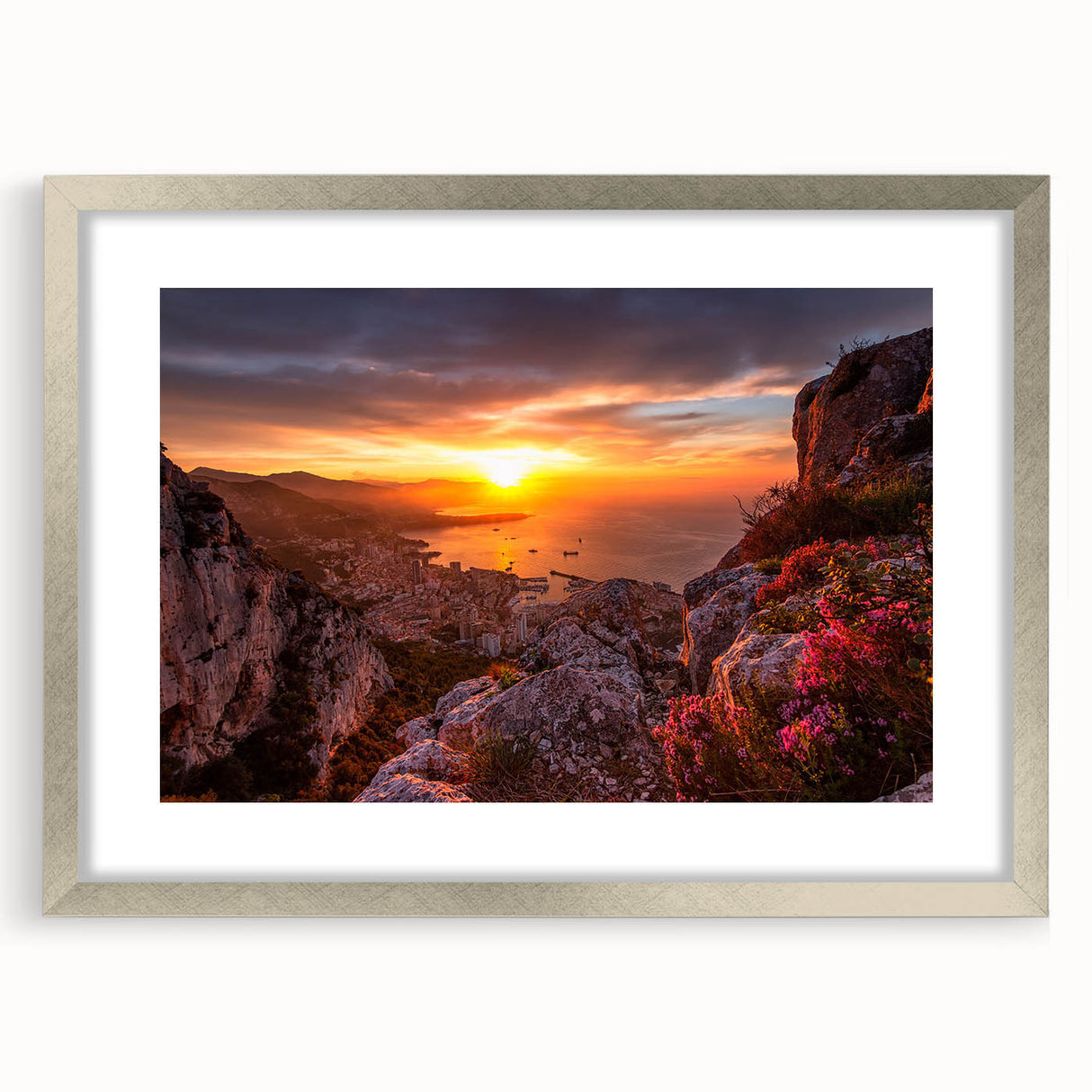 Extra large abstract art print of Monaco scenery in muted blue and gray tones, framed with a silver mat.