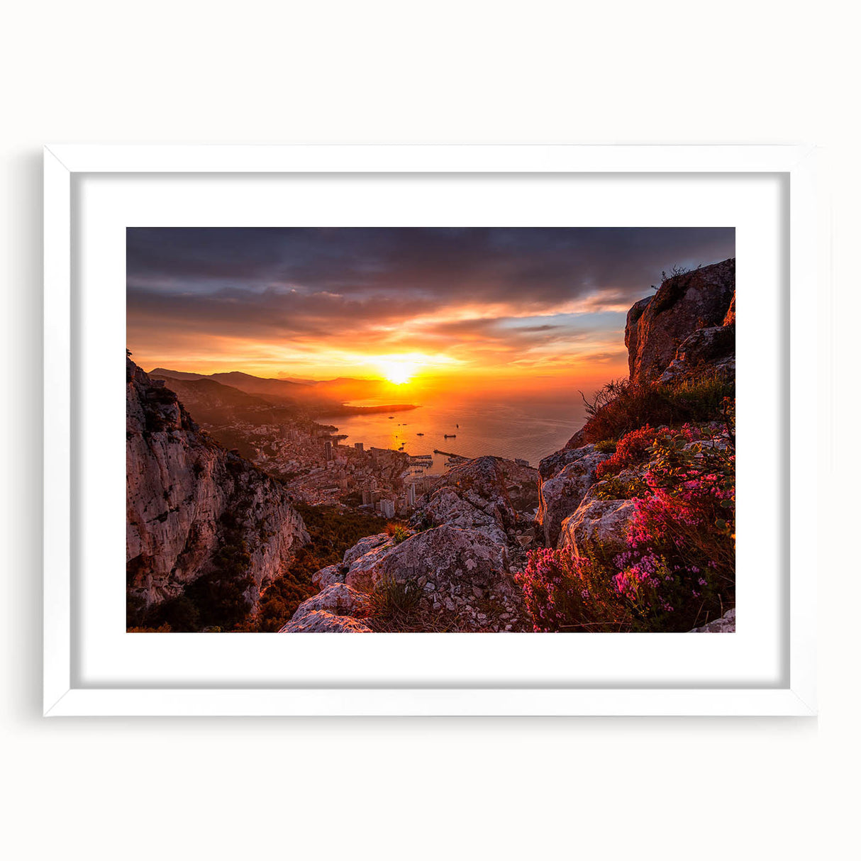 Textured abstract art print depicting a European Monaco scenery in muted earth tones, framed with a white mat.