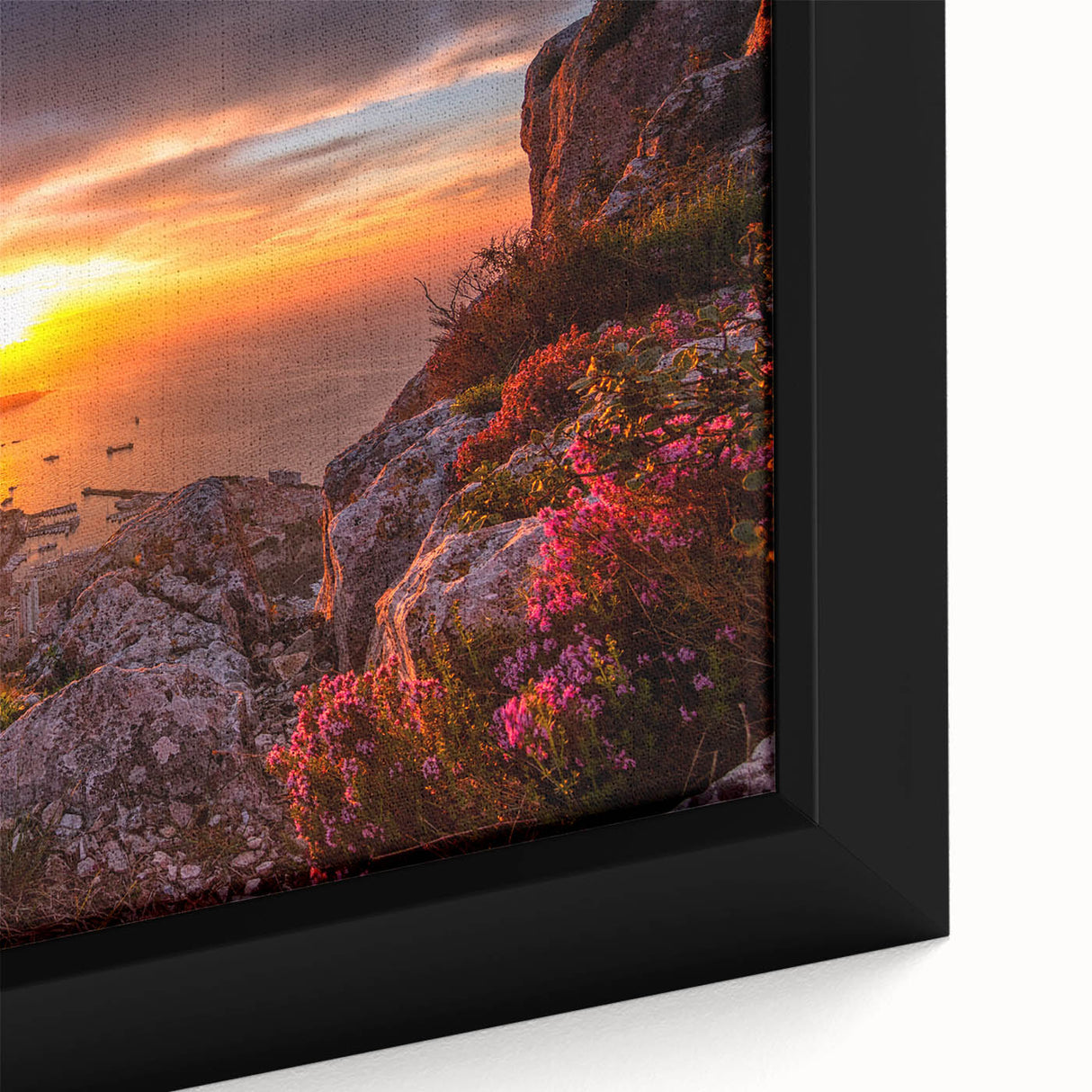 Close-up of a textured black wall art featuring a colorful Monaco scenery on a framed canvas, ideal for living room decor.