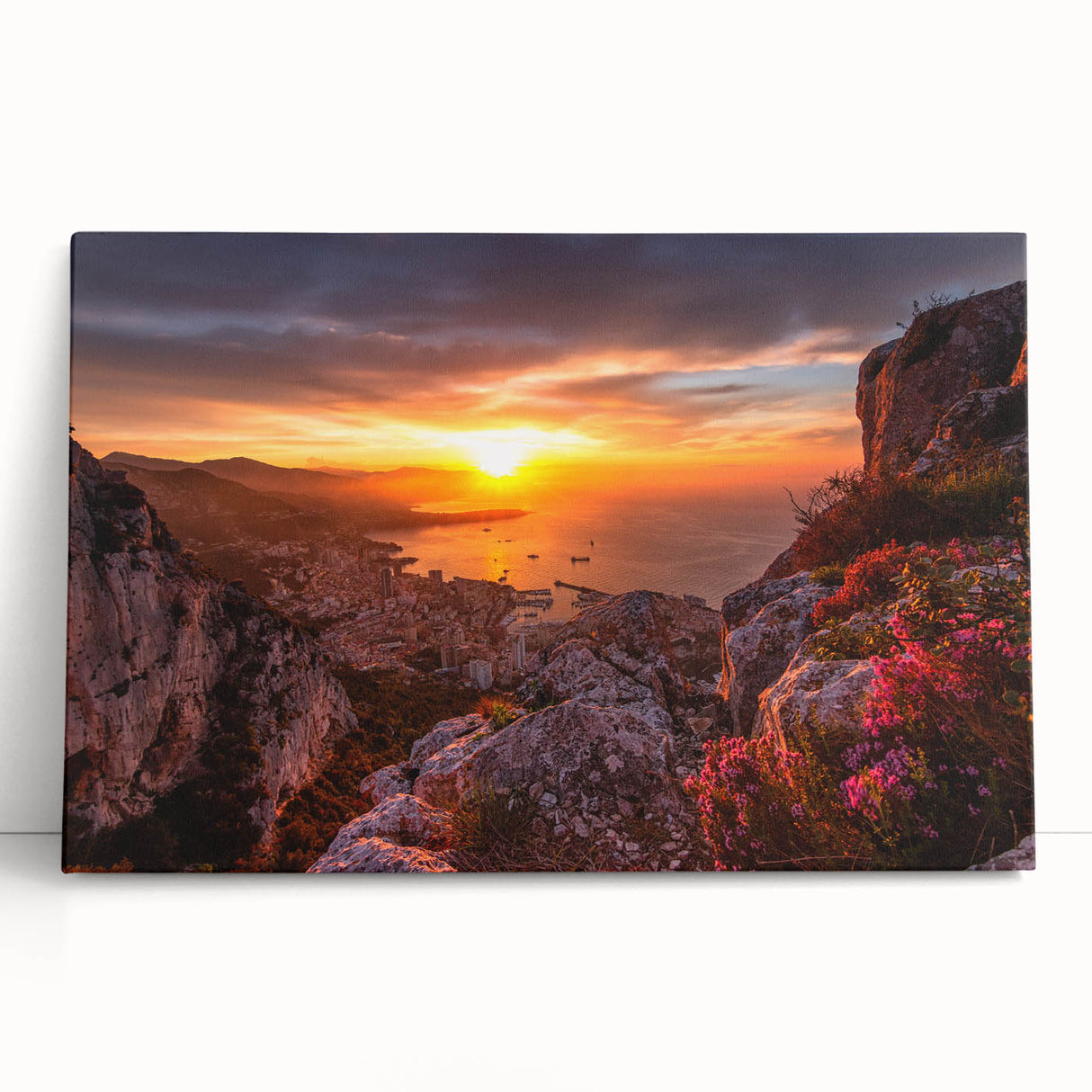 Black and white photo of Monaco scenery on large stretched canvas, ideal for kitchen wall art.