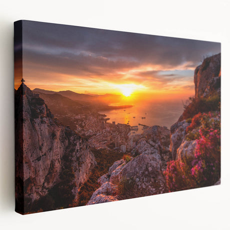 Large art depicting the Monaco coastline in vibrant blue and green tones on stretched canvas, ideal for kitchen wall art.