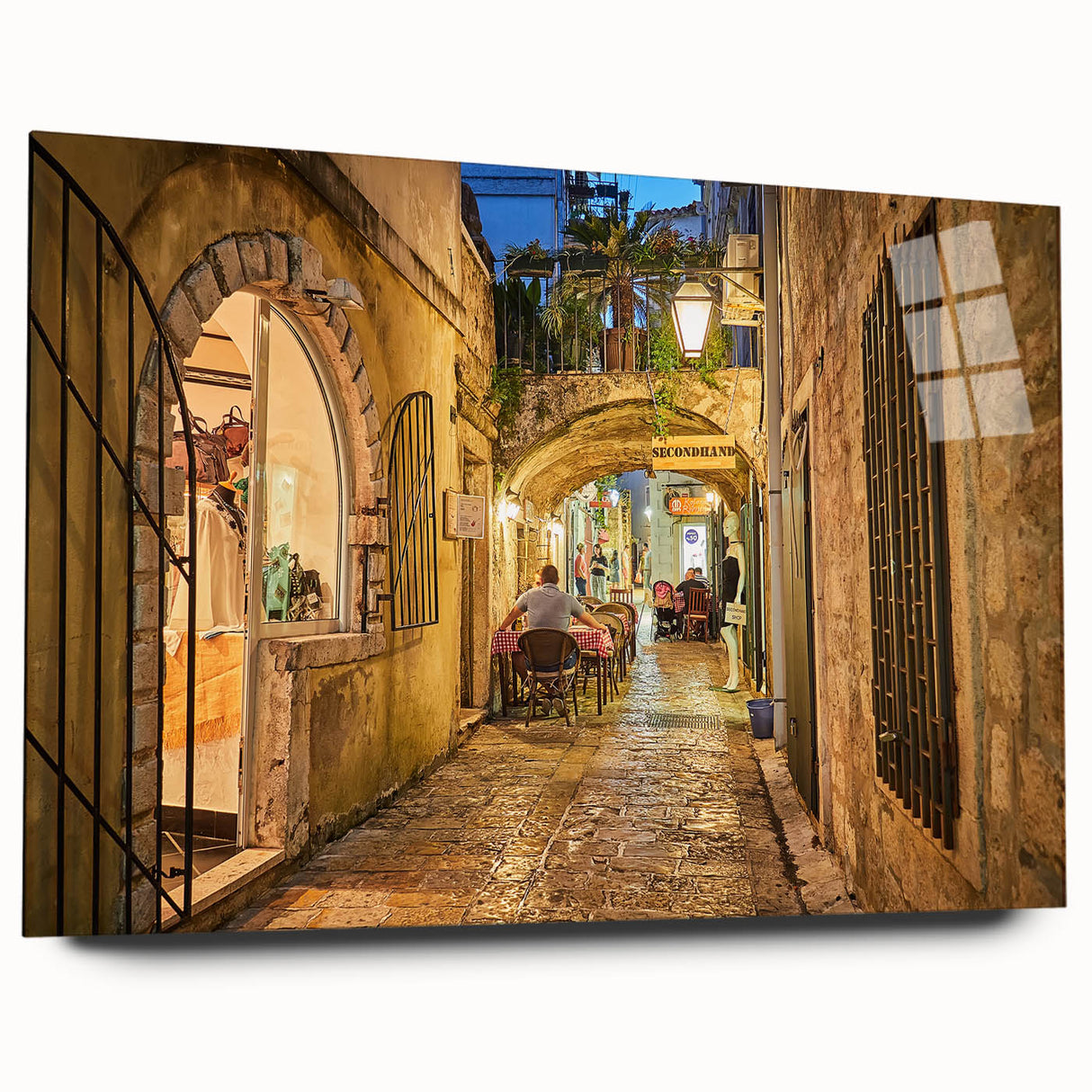 Large abstract wall art of Montenegro scenery in muted blue and green tones on acrylic glass.