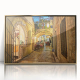 Large art print of a European Montenegro scenery in gold framed acrylic, mid-century modernist style.