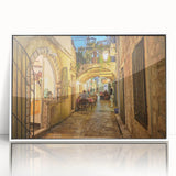 Art deco poster of a Montenegro landscape in muted blue and green hues, framed acrylic, ideal for modern art wall decor.