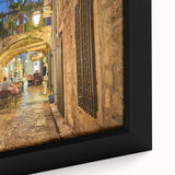 Extra large framed canvas of a textured black wall art depicting a colorful European Montenegro scenery.