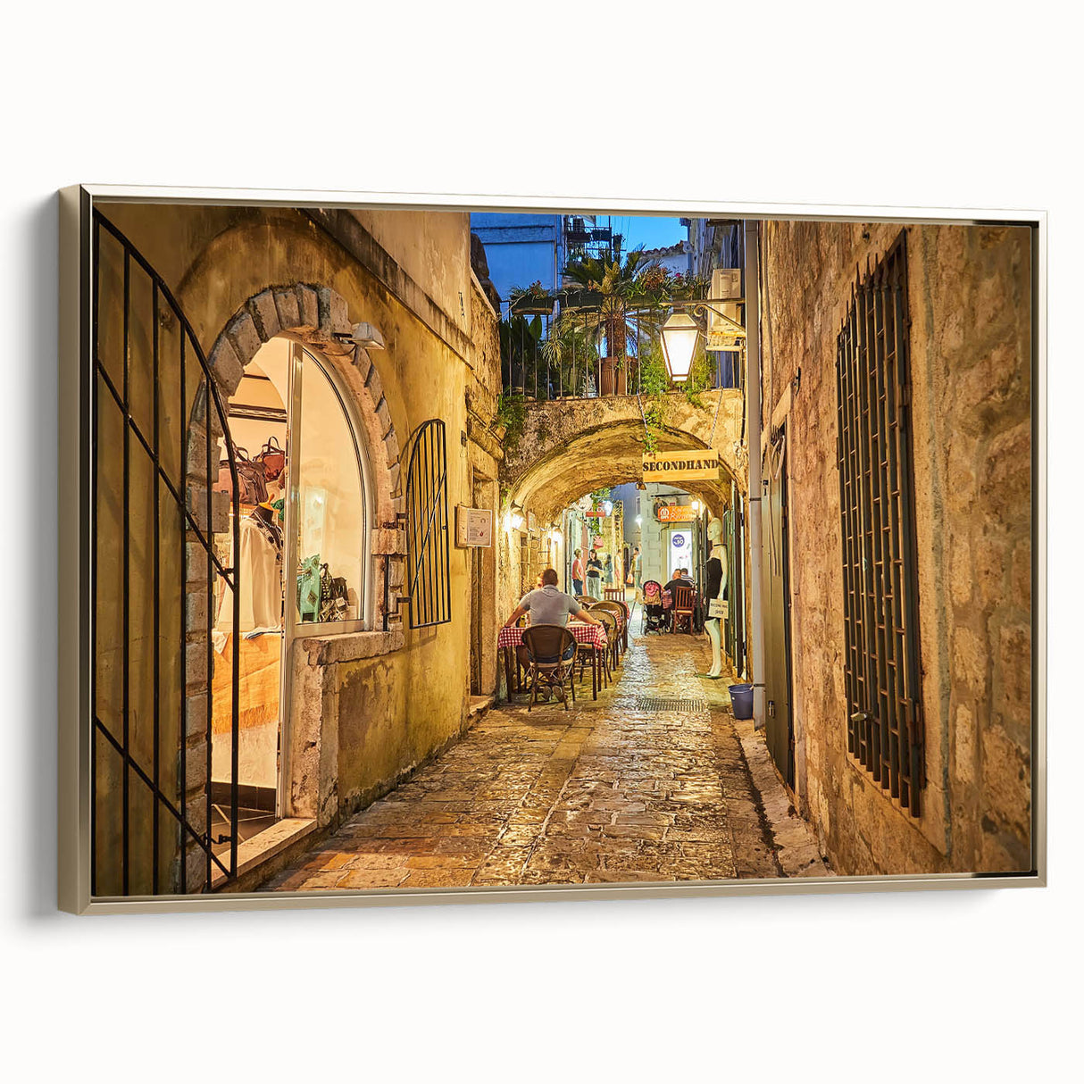 Framed canvas featuring a vintage-style landscape painting of Montenegro, ideal for bedroom wall decor.