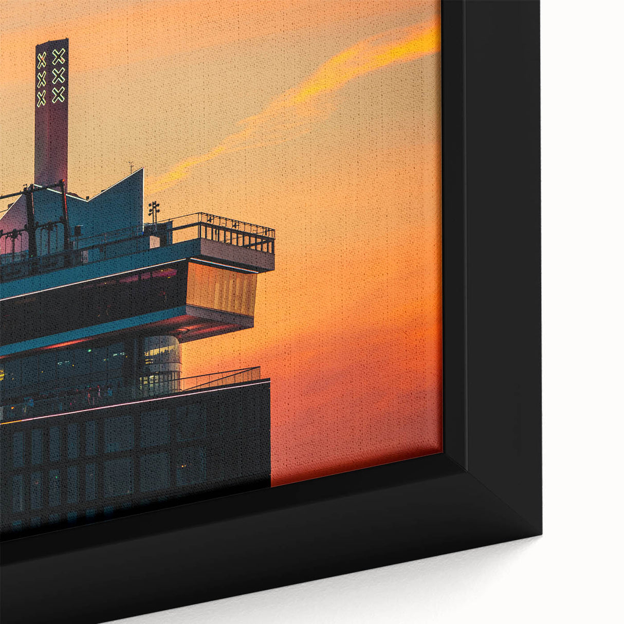 Extra large framed canvas of a textured, colorful Amsterdam scenery in black, ideal for living room decor.