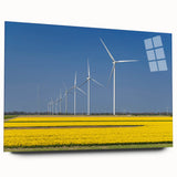 Large abstract depiction of a European scenery in muted blues and greens on acrylic glass.