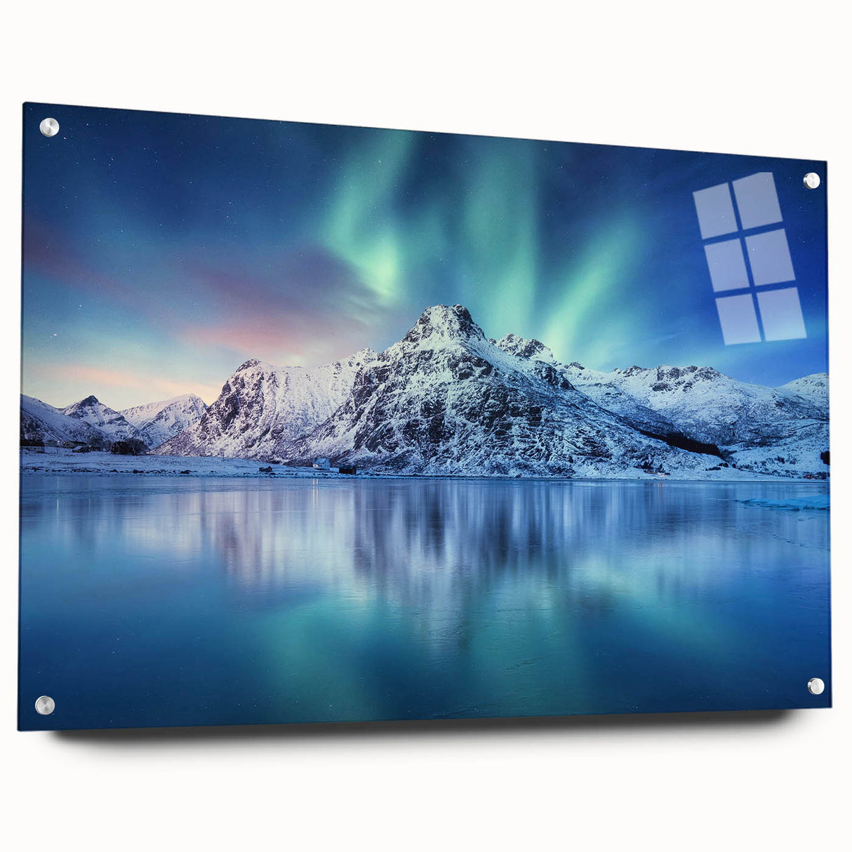 Acrylic print of a Norwegian landscape in muted blue and green tones, suitable for bedroom or dining room decor.