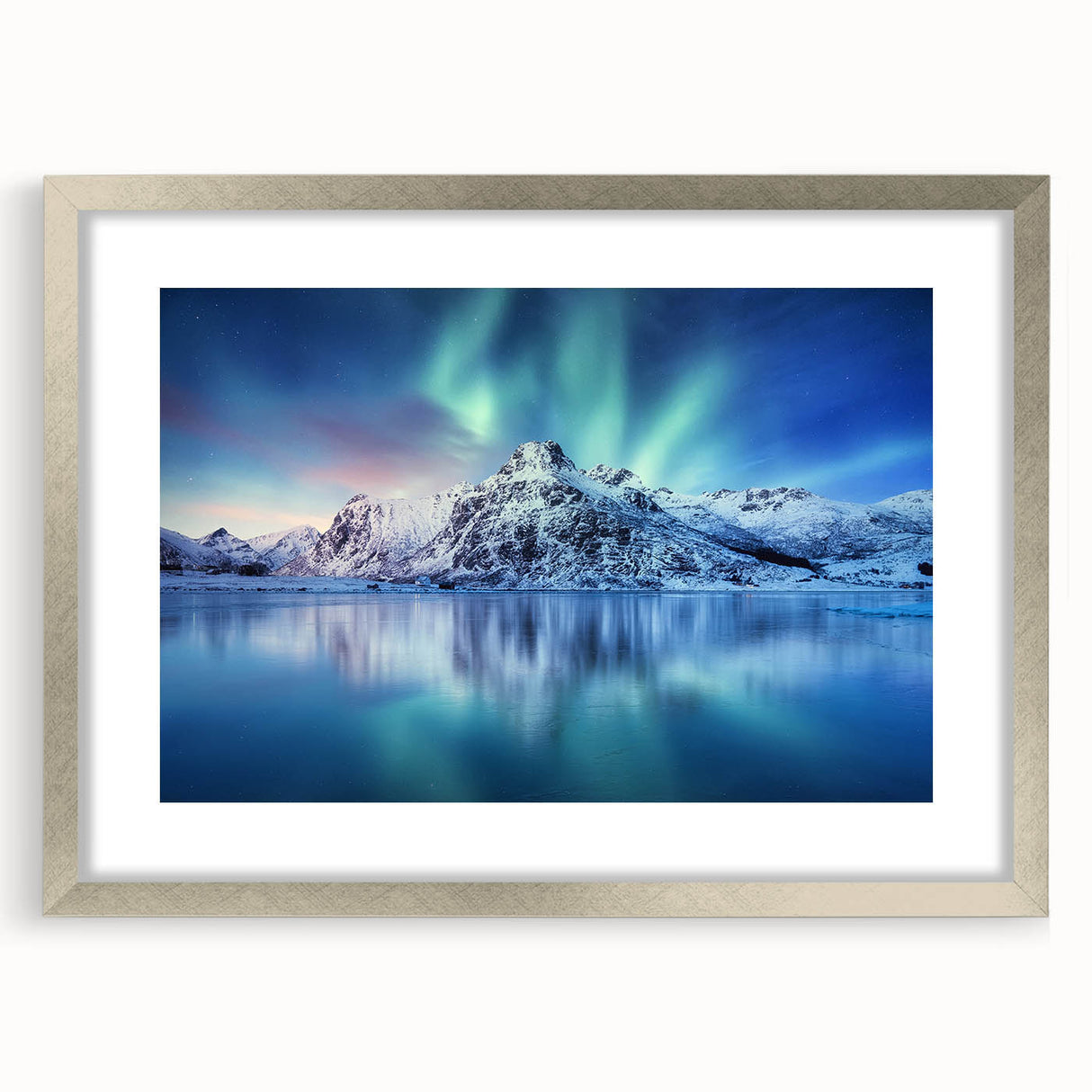 Extra large abstract art print of a textured Norwegian landscape in silver frame, ideal for living room decor.
