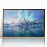 Art deco poster of a scenic Norwegian landscape, featuring muted green and blue tones on a framed acrylic.