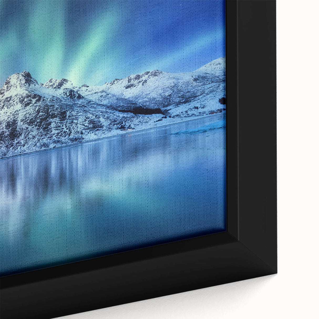Framed canvas of a textured Norwegian landscape in black with colorful accents, suitable for large living room walls.
